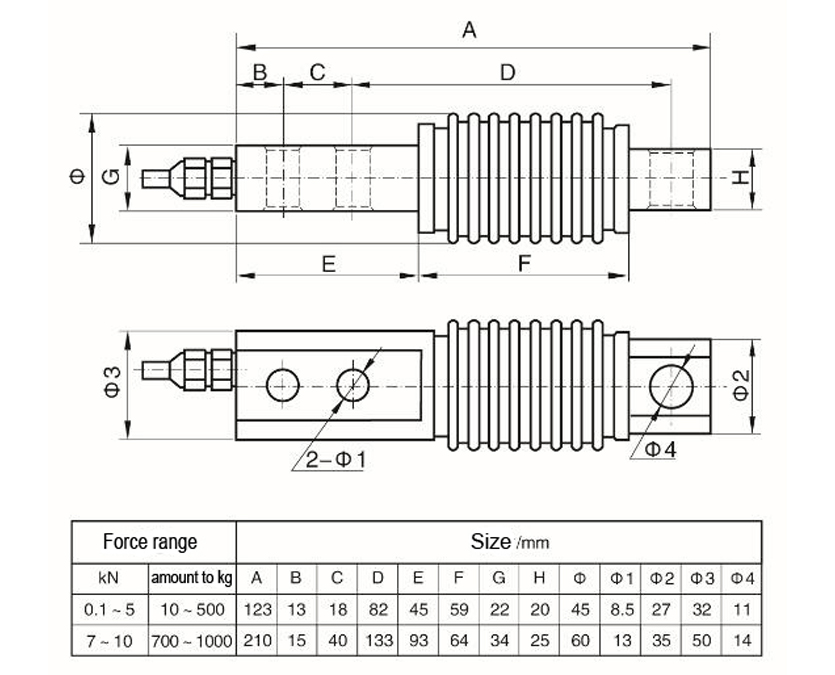 Diagrama de dimensiones de la célula de carga de fuelle tjh - 8